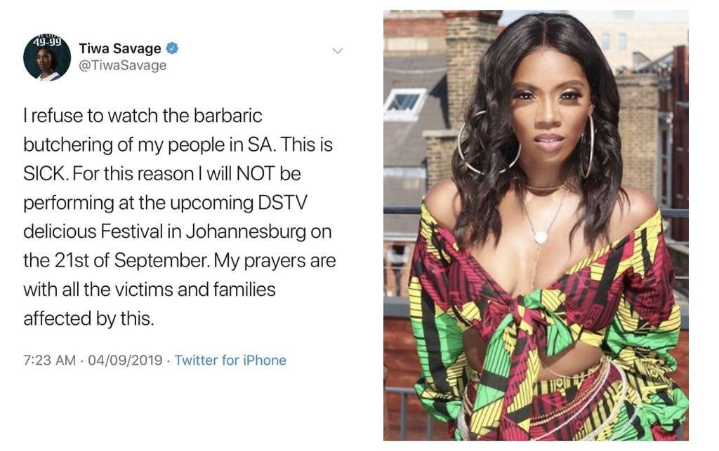 Tiwa Savage Cancels Performance at DSTV Delicious Festival Over Xenophobia